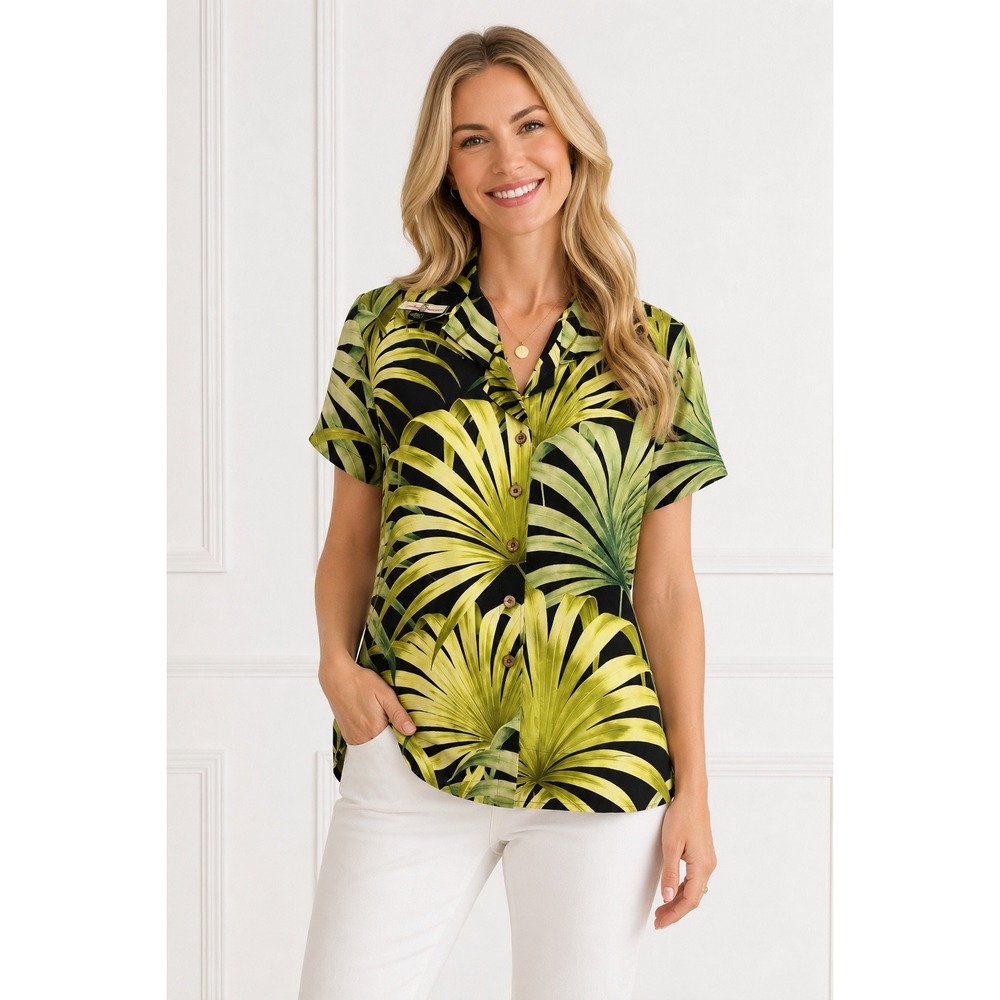 Tommy Bahama Womens XL 100% Silk Tropical Palm Leaf Short Sleeve Camp Shirt